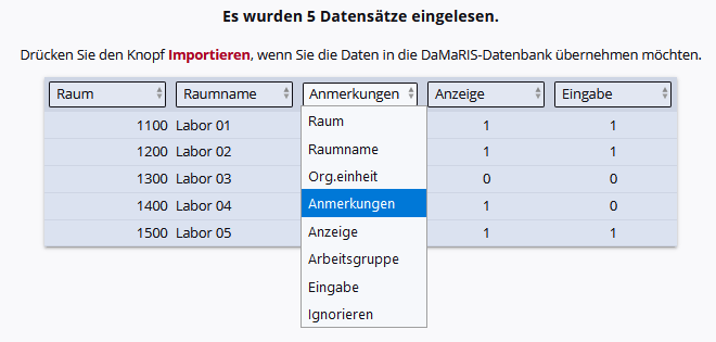 Import und Zuordnung der Spaltennamen