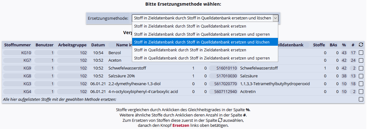 Stoffe abgleichen Ersetzung