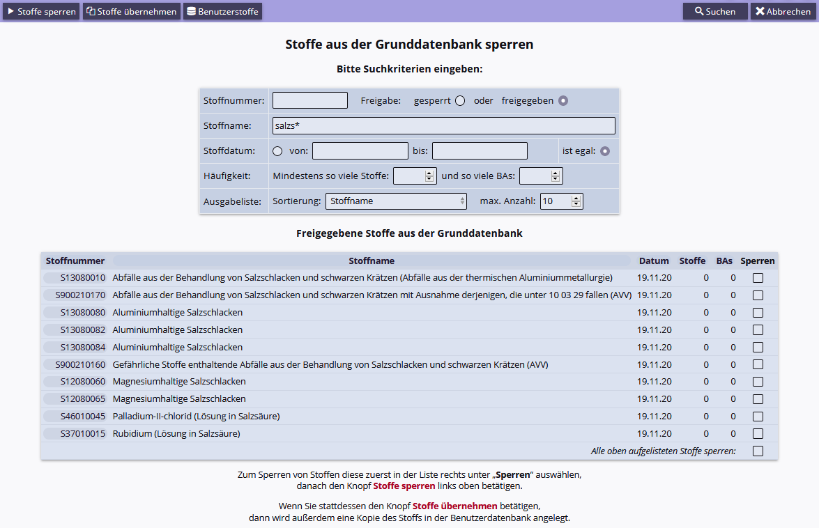 Ergenisliste der zu sperrenden Stoffe