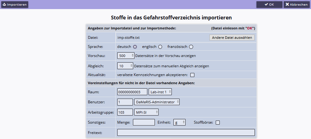 Modul Stoffdatenimport