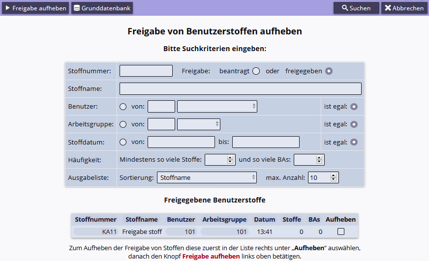 Stoffe Freigabe aufheben