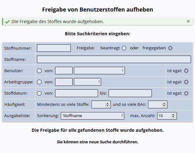 Stoffe Freigabe aufgehoben