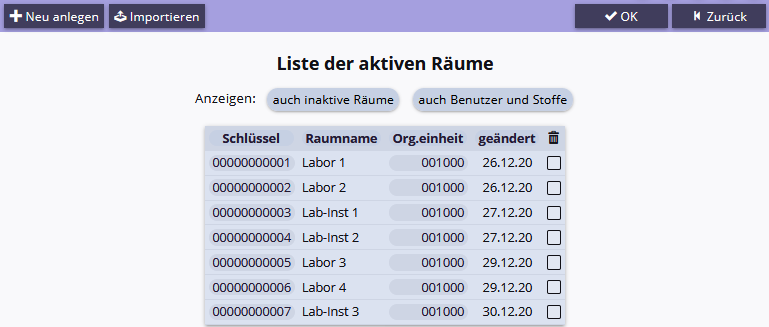 Liste der verfügbaren Räume