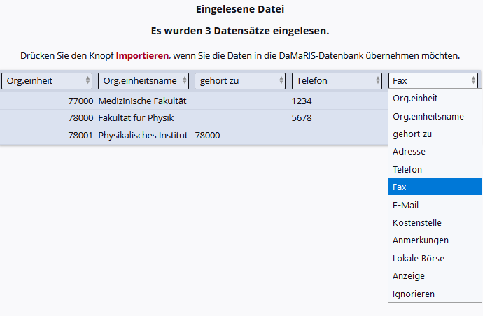 Zuordnung der Spalten