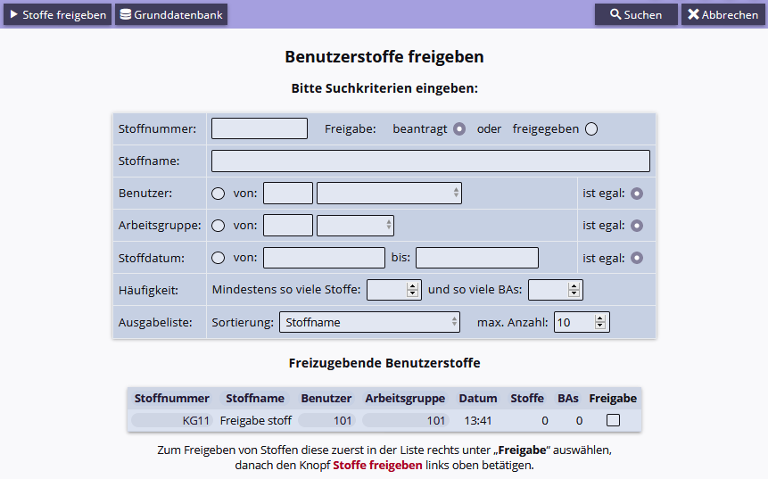 Stoffe freigeben Liste